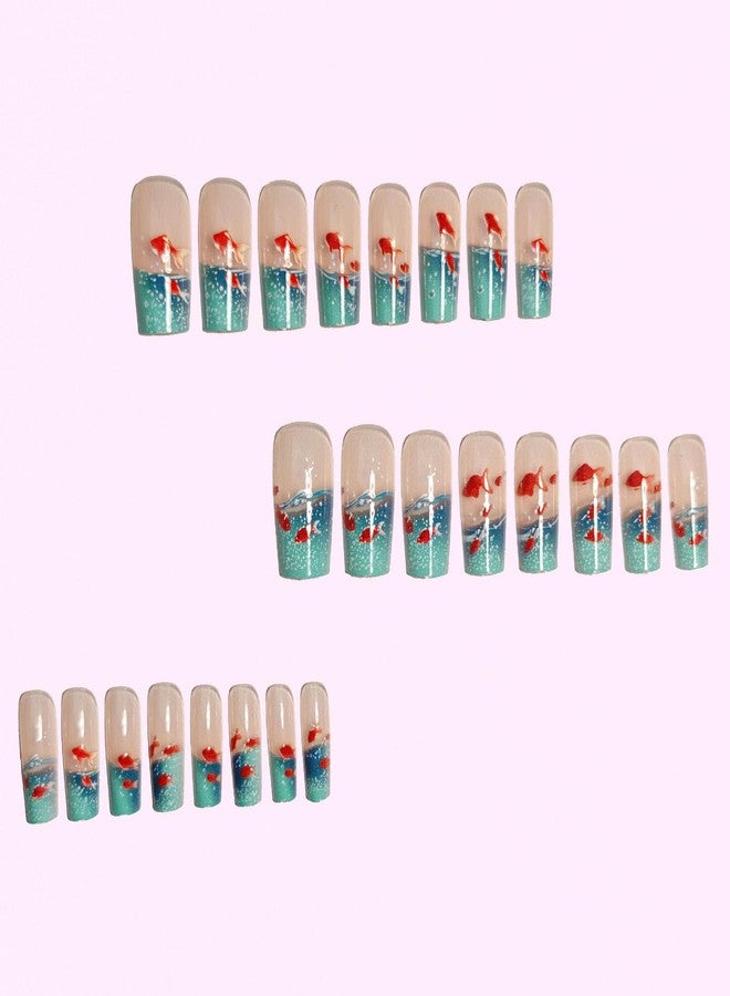 GRITOSE 24Pcs Long Square Press on Nails Thick Fake Nails Blue French Tip False Nails with Goldfish Pattern Design Artificial Acrylic Nails Press ons Reusable Coffin Nail Holiday Glue on Nail for Women - Image 2